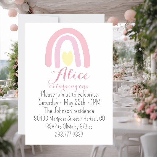 水色レインボーピンクイエローバースデーパーティー 招待状