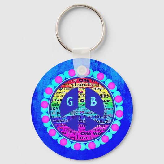 水色レインボーピースサインとブルー鮮やかの対決 キーホルダー (正面)