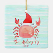 水色レッドカニサンタハットビーチクリスマス セラミックオーナメント (裏面)