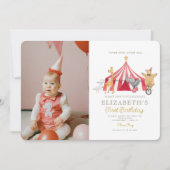 水色レッドサーカスフォトカーニバルベビー誕生日 招待状 (正面)