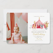 水色レッドサーカスフォトカーニバルベビー誕生日 招待状 (正面)