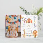 水色レッドサーカスフォトカーニバルベビー誕生日 招待状 (スタンド正面)