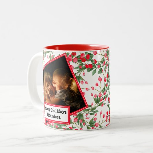 水色レッドベリーおばあちゃんの写真ホリデーマグカップ ツートーンマグカップ (正面左)