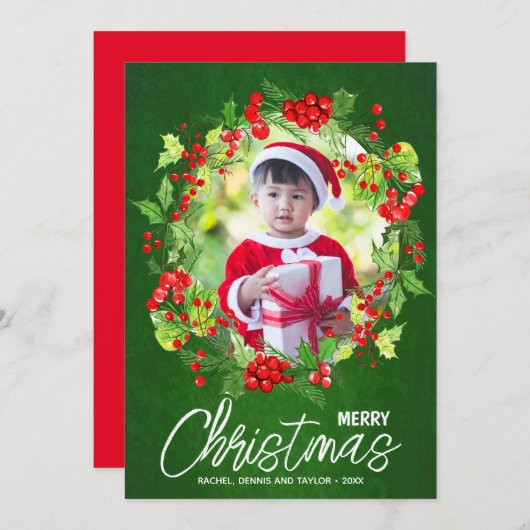 水色レッドベリー緑のクリスマスフォト シーズンカード (正面/裏面)