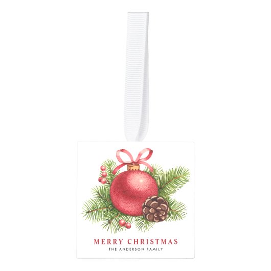 水色レッドボールボーブルフォトクリスマス キューブオーナメント (正面)