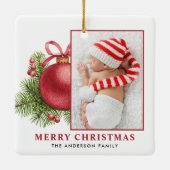 水色レッドボールボーブルフォトクリスマス セラミックオーナメント (裏面)