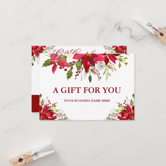 水色レッドポインセチアフローラギフト証明書 カード (正面/裏面インサイチュ)