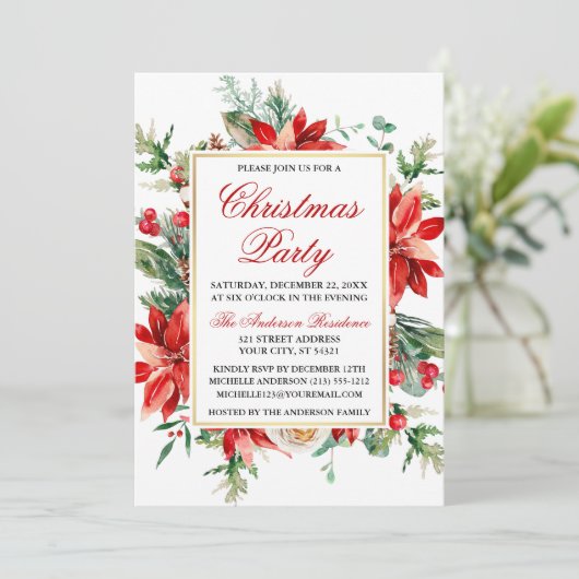 水色レッドポインセチアフローラクリスマスパーティー 招待状 (スタンド正面)