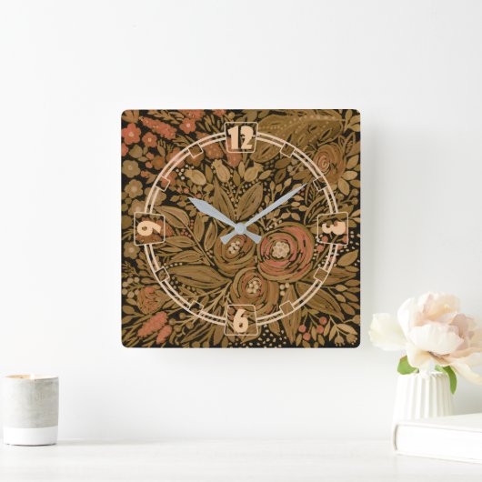 水色レトロな茶色の黒ベージュセピアフローラfl スクエア壁時計 (ホーム)