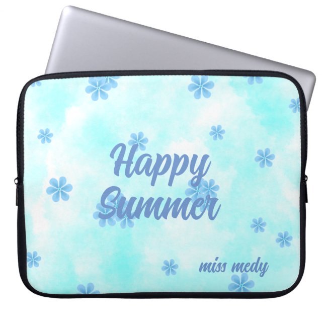 水色レトロブルーフローラ絵を描手 ラップトップスリーブ (正面)