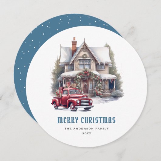 水色レトロレッドトラックブルーメリークリスマス シーズンカード (正面/裏面)