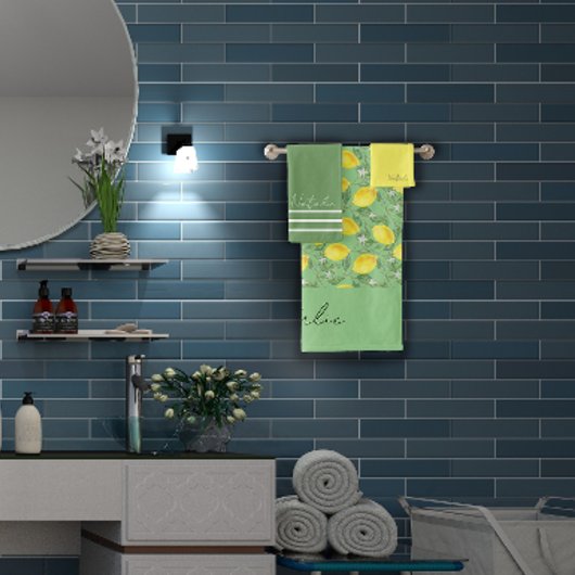 水色レモンパターングリーン名 バスタオルセット