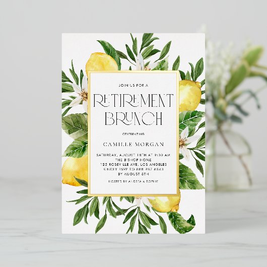 水色レモンフレームボタニカルリタイアメントブランチ 箔招待状 (立ち正面)