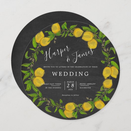 水色レモンリースのチョーク結婚ボード 招待状 (正面/裏面)