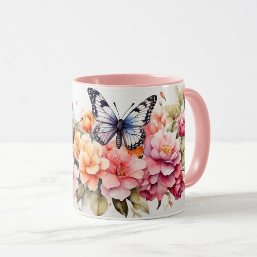 水色ロマンチックなエレガント蝶の花マグカップ マグカップ (正面右)