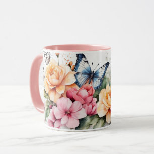 水色ロマンチックなピンクの蝶の花マグカップ マグカップ