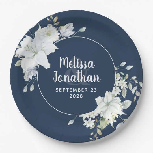 水色ロマンチックフローラ白結婚花 ペーパープレート (正面)