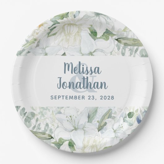 水色ロマンチックフローラ白結婚花 ペーパープレート (正面)