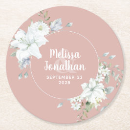 水色ロマンチックフローラ白結婚花 ラウンドペーパーコースター