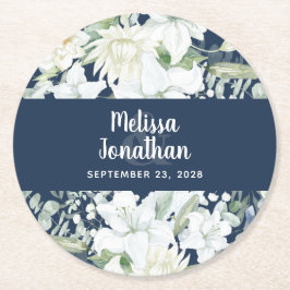 水色ロマンチックフローラ白結婚花 ラウンドペーパーコースター