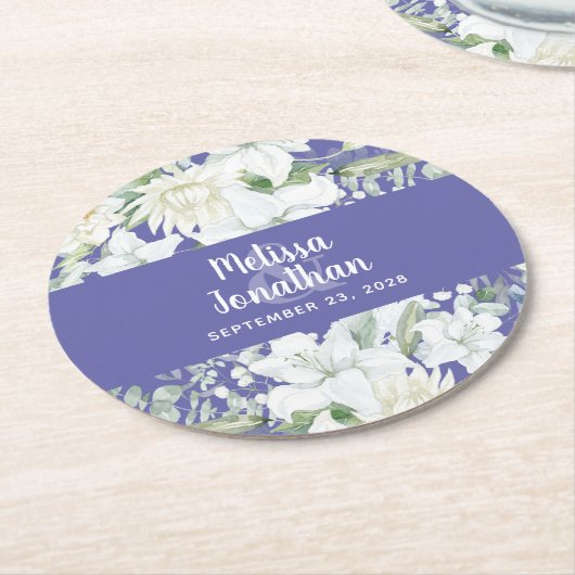 水色ロマンチックフローラ白結婚花 ラウンドペーパーコースター (アングル)