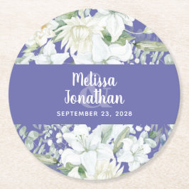 水色ロマンチックフローラ白結婚花 ラウンドペーパーコースター