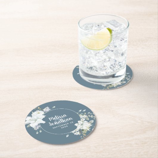 水色ロマンチックフローラ白結婚花 ラウンドペーパーコースター (インサイチュ)