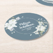 水色ロマンチックフローラ白結婚花 ラウンドペーパーコースター (アングル)