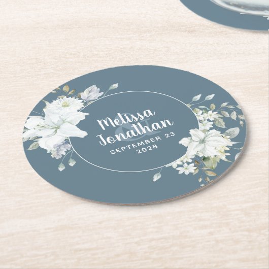 水色ロマンチックフローラ白結婚花 ラウンドペーパーコースター (アングル)