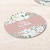 水色ロマンチックフローラ白結婚花 ラウンドペーパーコースター (アングル)