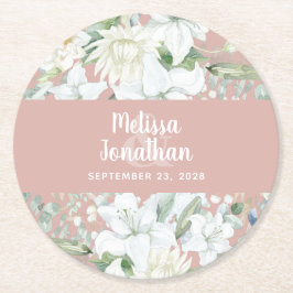 水色ロマンチックフローラ白結婚花 ラウンドペーパーコースター