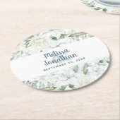 水色ロマンチックフローラ白結婚花 ラウンドペーパーコースター (アングル)