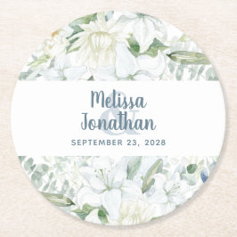 水色ロマンチックフローラ白結婚花 ラウンドペーパーコースター
