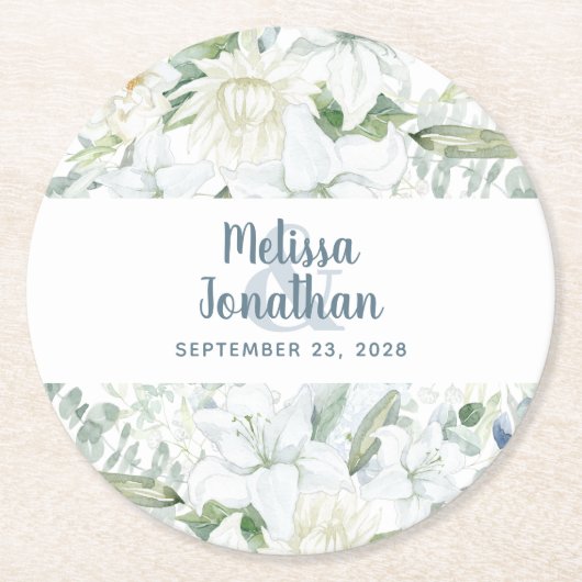 水色ロマンチックフローラ白結婚花 ラウンドペーパーコースター (正面)