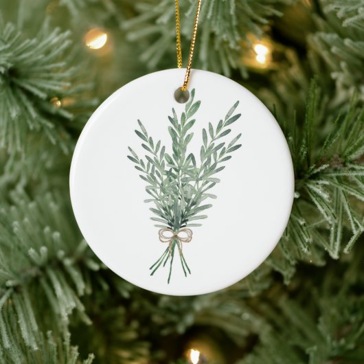 水色ローズマリーブーケとジュートボウ セラミックオーナメント (ツリー)