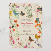 水色ワイルドフラワーズバタフライバースデーパーティー 招待状 (正面/裏面)