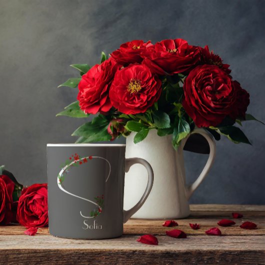 水色ワイルドフラワーモノグラム灰色コーヒーマグ コーヒーマグカップ