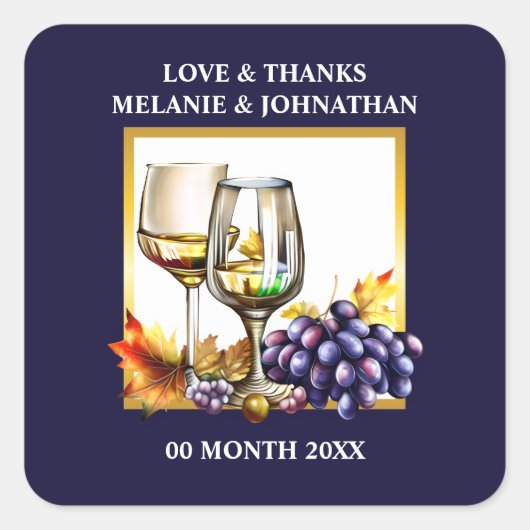 水色ワイングラス葡萄ブループラム金ゴールド農場 スクエアシール (正面)