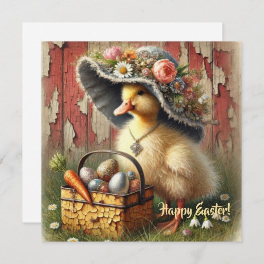 水色ヴィンテージイースターアヒルと卵 シーズンカード (正面/裏面)