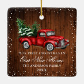 水色ヴィンテージトラックウッドスノー新しいホーム セラミックオーナメント (裏面)