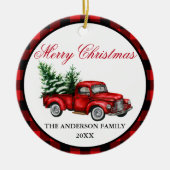 水色ヴィンテージトラックレッドプレイドクリスマス セラミックオーナメント (正面)