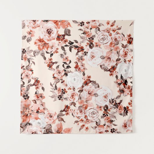 水色ヴィンテージフローラシームレスパターン、茶色 タペストリー (正面(横))