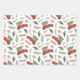 水色ヴィンテージレッドカークリスマスツリー ラッピングペーパーシート