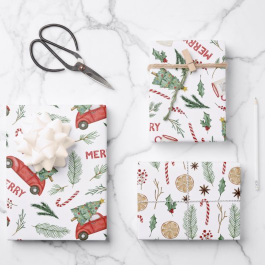 水色ヴィンテージレッドカークリスマスツリー ラッピングペーパーシート (正面)
