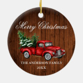 水色ヴィンテージレッドトラックウッドクリスマス セラミックオーナメント (裏面)