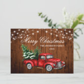 水色ヴィンテージレッドトラックウッドライトクリスマス シーズンカード (スタンド正面)