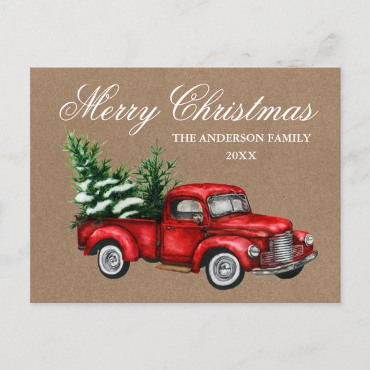 水色ヴィンテージレッドトラッククラフトメリークリスマス ポストカード (正面)