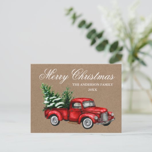 水色ヴィンテージレッドトラッククラフトメリークリスマス ポストカード (スタンド正面)