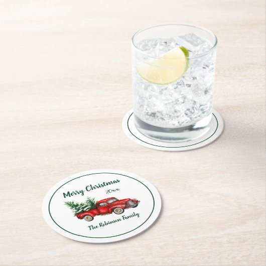水色ヴィンテージレッドトラッククリスマスパーティー ラウンドペーパーコースター (インサイチュ)
