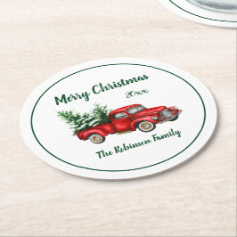 水色ヴィンテージレッドトラッククリスマスパーティー ラウンドペーパーコースター